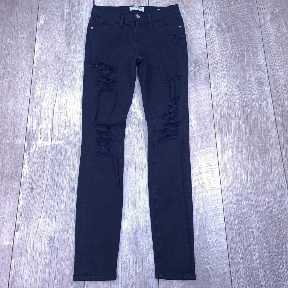 FRAME Le Skinny de Jeanne Jeans Womens 25 Black Distressed Holes Denim